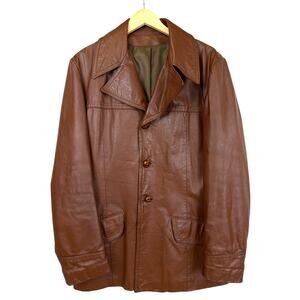 Vintage Peter Caruso Brown Leather Button Down Flap Pocket Jacket Coat 42 XL